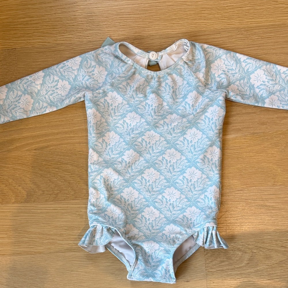 Minnow Long-Sleeve Girls One-Piece Swimsuit - Light Blue Floral